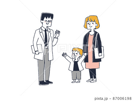 男性医師に手を振る男の子 かかりつけ医を作る コミカルな手書きの人物イラストのイラスト素材