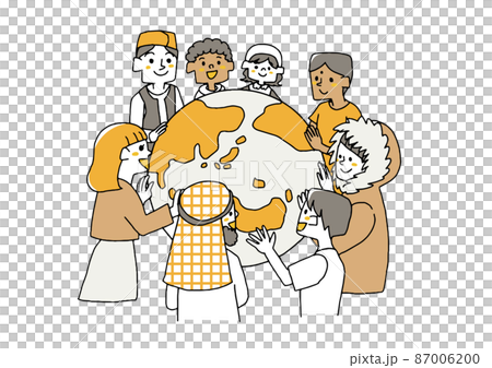 來自世界各地珍惜地球的人可笑的手寫人物插圖簡單著色的矢量線圖 插圖素材 圖庫