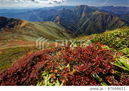 谷川連峰・万太郎山の紅葉と仙ノ倉山・苗場山の眺め 87006621