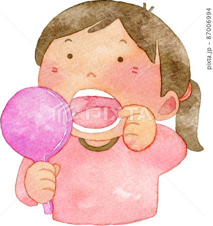手鏡で口の中を見る女の子のイラストのイラスト素材