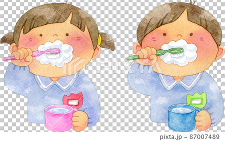 Illustrations of kindergarten children brushing their teeth 87007489