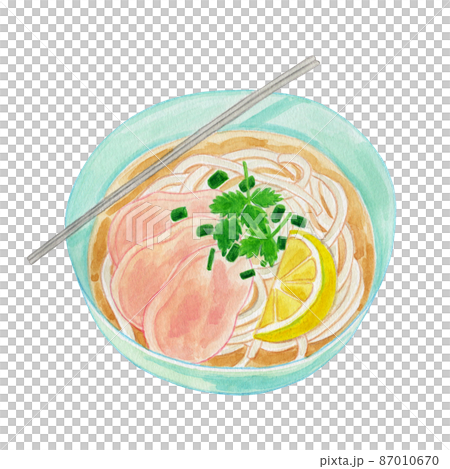 Watercolor illustration of pho with lemon, coriander and chicken 87010670