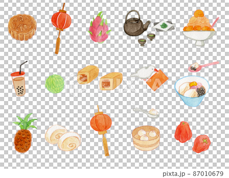 台湾の食べ物や名産品の水彩イラストセット 87010679