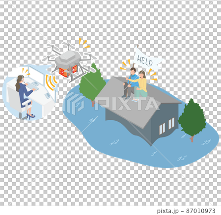 A drone that finds a person evacuating to the roof due to flooding of a house due to a disaster or flood 87010973