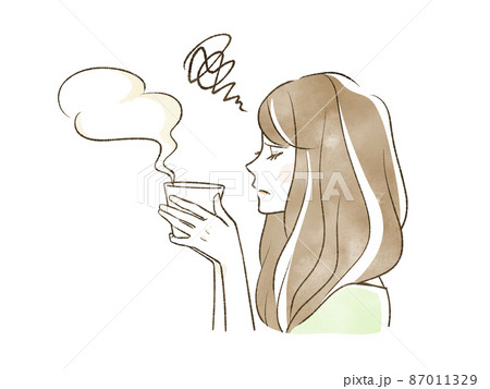 ホットドリンクと悩んでいる女性 87011329