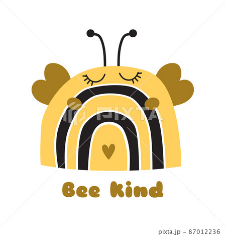 Rainbow bee element. Bee kind funny rainbow. Bee animal baby illustration. Cute honey phrase. Hand drawn honey arch honeycomb shapes. Vector kids design. Honey organic logo. 87012236