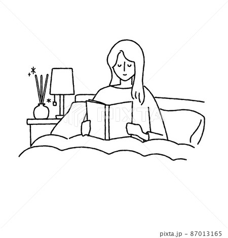 ベッドで本を読む女性とアロマディフューザーのイラスト 87013165