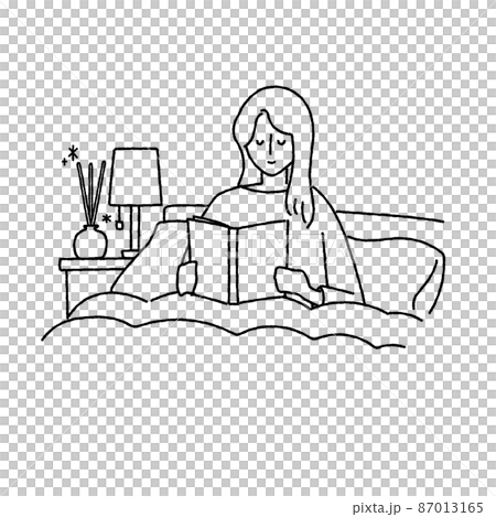 ベッドで本を読む女性とアロマディフューザーのイラスト 87013165