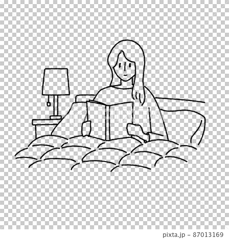 ベッドで本を読む女性のイラスト ベッドで本を読む女性のイラスト 87013169