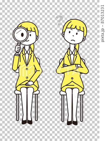 Female suit with outline, 2 colors, magnifying glass, questionable, seated Female suit with outline, 2 colors, magnifying glass, questionable, seated 87013231