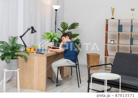 A young boy is sitting at his desk reading a book. 87013571