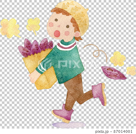 紙袋いっぱいの焼き芋を持つ男の子のイラスト 87014001