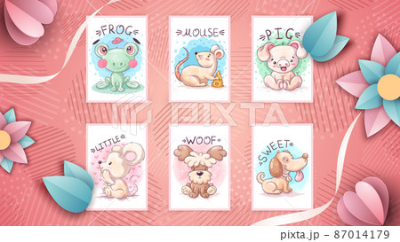Set watercolor cartoon character animal Set watercolor cartoon character animal 87014179