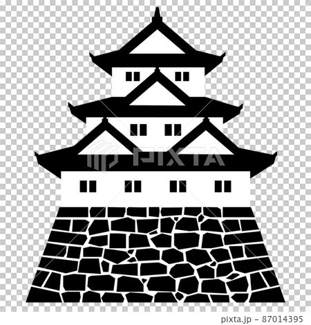 Japanese castle, three-story tower and turret, black and white Japanese castle, three-story tower and turret, black and white 87014395