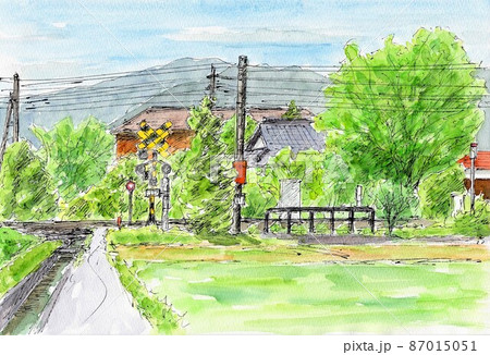 踏切のある風景のイラスト素材 [87015051] - PIXTA