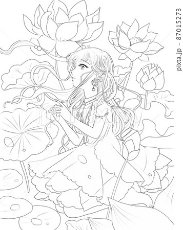 蓮の花と祈る女の子線画のイラスト素材