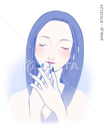 美容系シンプルイラスト（ネイルアートされた手を重ねて微笑んでいる長髪の女性の正面顔） 87016124