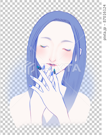 美容系シンプルイラスト（ネイルアートされた手を重ねて微笑んでいる長髪の女性の正面顔） 87016124