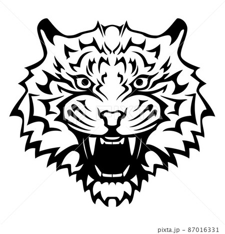 Tiger head with an open mouth and bared fangs - black and white vector tattoo illustration 87016331