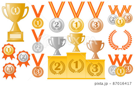 awards - medals, podium, trophies, prizes, set of colour vector illustrations 87016417
