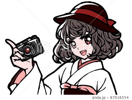 カメラを持った着物少女の上半身イラスト カメラを持った着物少女の上半身イラスト 87016554
