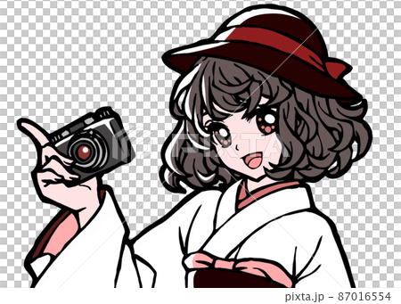 カメラを持った着物少女の上半身イラスト カメラを持った着物少女の上半身イラスト 87016554