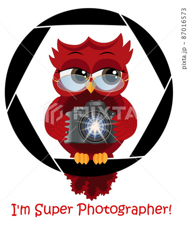 A beautiful cartoon red owl with a camera sits on the camera's diaphragm. Concept photography, vocations, photo business. Inscription I'm a super photographer A beautiful cartoon red owl with a camera sits on the camera's diaphragm. Concept photography, vocations, photo business. Inscription I'm a super photographer 87016573