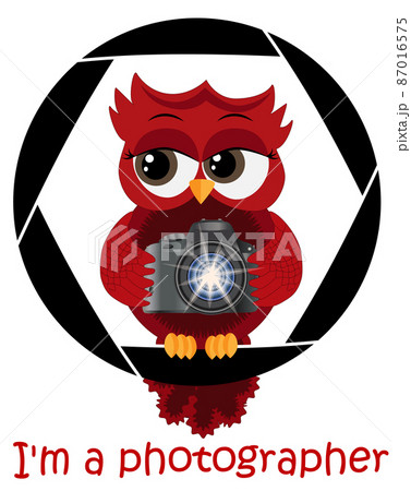 A beautiful cartoon red owl with a camera sits on the camera's diaphragm. Concept photography, vocations, photo business. Inscription I'm a photographer A beautiful cartoon red owl with a camera sits on the camera's diaphragm. Concept photography, vocations, photo business. Inscription I'm a photographer 87016575