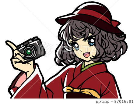 カメラを持った着物少女の上半身イラスト カメラを持った着物少女の上半身イラスト 87016581