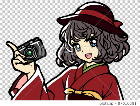 カメラを持った着物少女の上半身イラスト カメラを持った着物少女の上半身イラスト 87016581