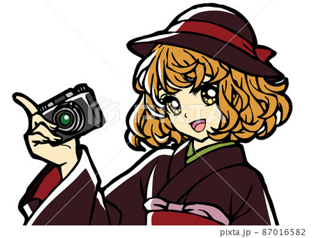 カメラを持った着物少女の上半身イラスト カメラを持った着物少女の上半身イラスト 87016582