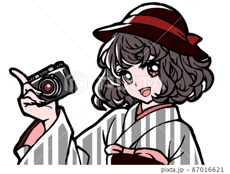 カメラを持った着物少女の上半身イラスト カメラを持った着物少女の上半身イラスト 87016621