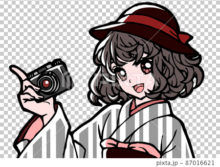 カメラを持った着物少女の上半身イラスト カメラを持った着物少女の上半身イラスト 87016621