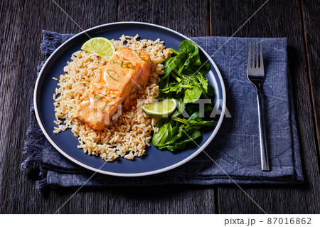 portion of cooked Salmon with rice and greens portion of cooked Salmon with rice and greens 87016862