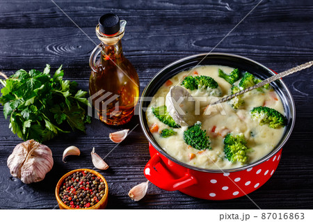 Broccoli cheese soup in a pot, top view Broccoli cheese soup in a pot, top view 87016863