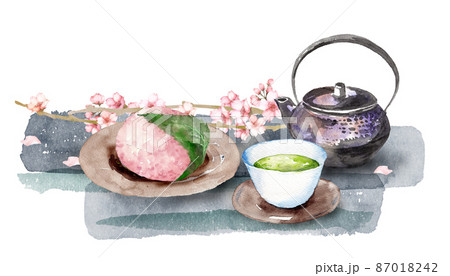 日本茶と桜餅のセット　水彩画 87018242