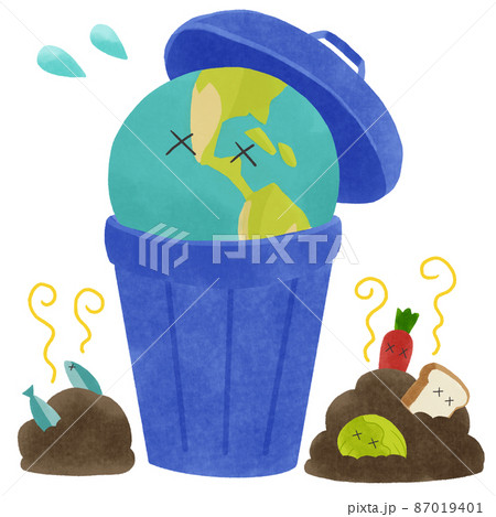 食品ロス ゴミ箱に捨てられる地球とあふれる生ゴミの手描きイラストのイラスト素材