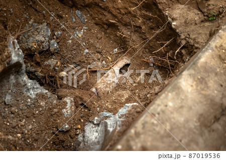 Digging up soil at the pipeline outdoors 87019536