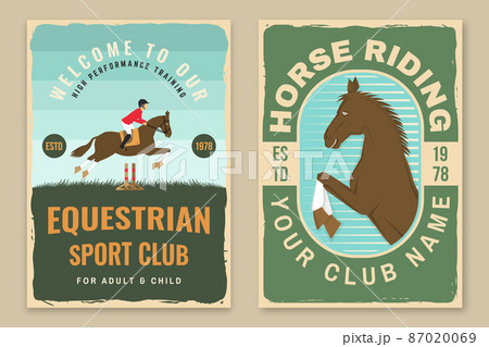 Set of Horse racing sport club retro posters. Vector illustration. Vintage equestrian label, sticker with rider and horse silhouettes. 87020069