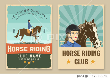 Set of Horse racing sport club retro posters. Vector illustration. Vintage equestrian label, sticker with rider and horse silhouettes. 87020070