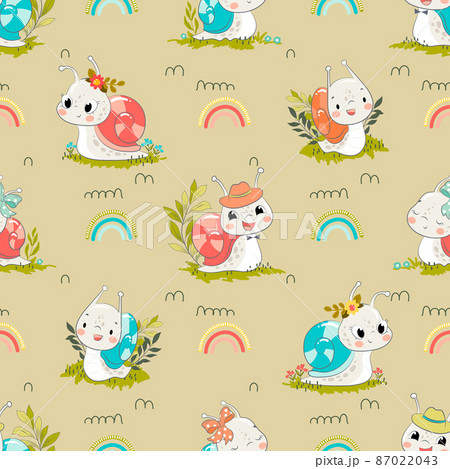 Little hand drawn snail with rainbow. Seamless pattern for Kids. Vector illustration 87022043