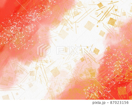 紅白水彩画にじみ背景と金箔、金粉、砂子の舞う日本画風イラスト 87023156