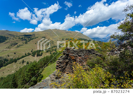 uins of an old stone fortress. Old Diklo, Tusheti, Georgia 87023274