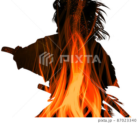 メラメラ燃える心の炎と斬りつける浪人サムライ役の歌舞伎役者のイラスト素材