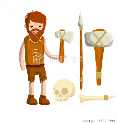 Primitive caveman. Prehistoric hunter. Stone age. Man with an axe or a hammer. 87023994