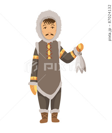 Polar eskimo character. Indigenous fisherman wearing traditional warm clothes. Person with caught fish. Traditional ethnic character 87024132