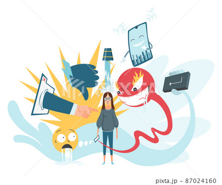 Cyberbullying concept insulting messages on smartphone screen. Girl with trolling messages around her. Online harassment with unfriendly mean messages. Social network violence Cyberbullying concept insulting messages on smartphone screen. Girl with trolling messages around her. Online harassment with unfriendly mean messages. Social network violence 87024160