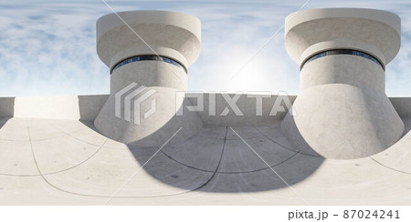 360 degree full panorama environment map of round high futuristic concrete buildings exterior with glass windows and sun light reflection. 3d render illustration hdri hdr vr virtual reality content 87024241