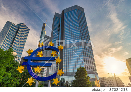Frankfurt, Germany sunrise city skyline at European Central Bank (ECB) and Euro Sign 87024258