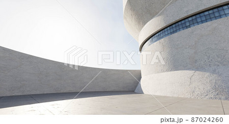 round high futuristic concrete building exterior with glass windows and sun light reflection 3d render illustration 87024260